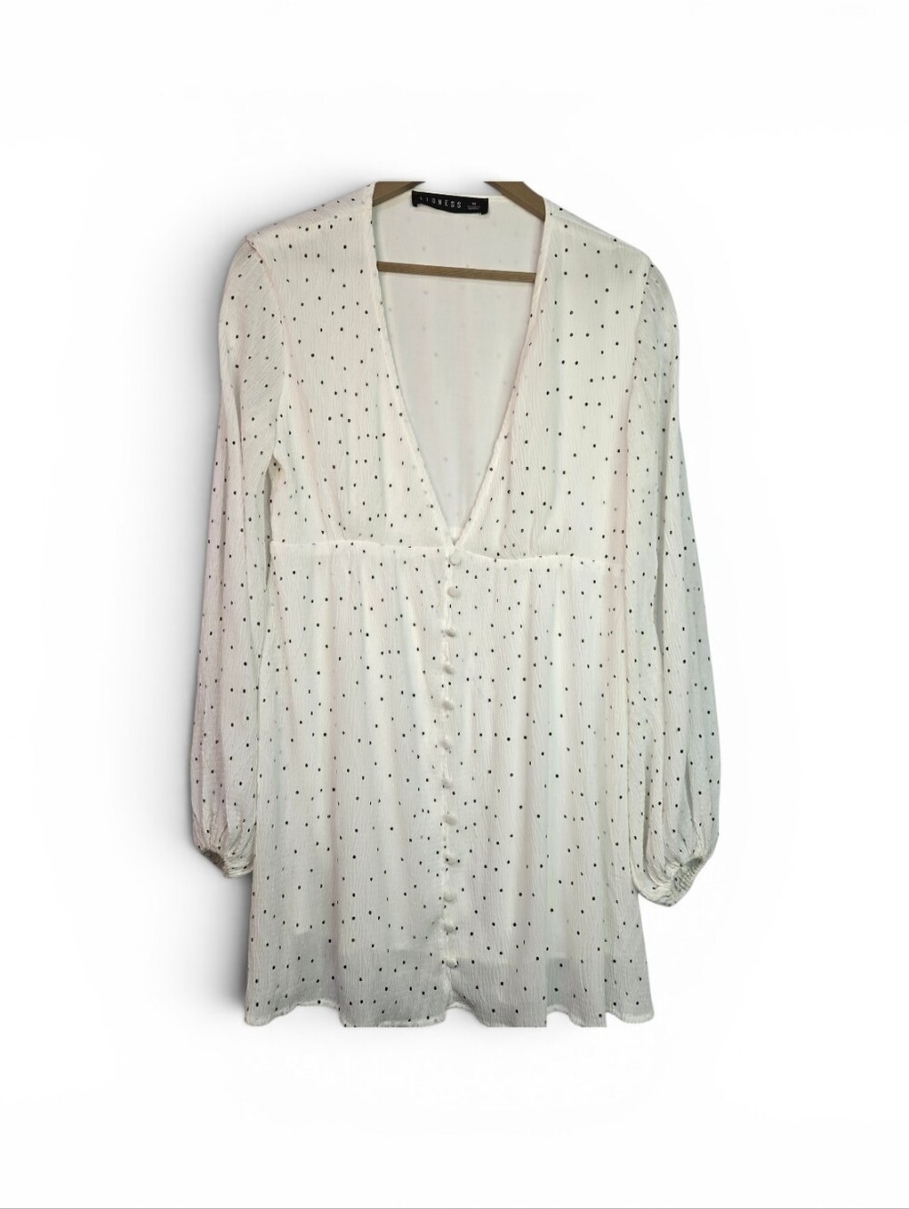 Lioness (Australian Brand) Size M B&W Polka Dot Deep V, Button Front Mini Dress